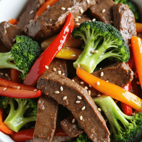 Sliced beef stir-fry with broccoli, red and yellow peppers, served over white rice and topped with sesame seeds.
