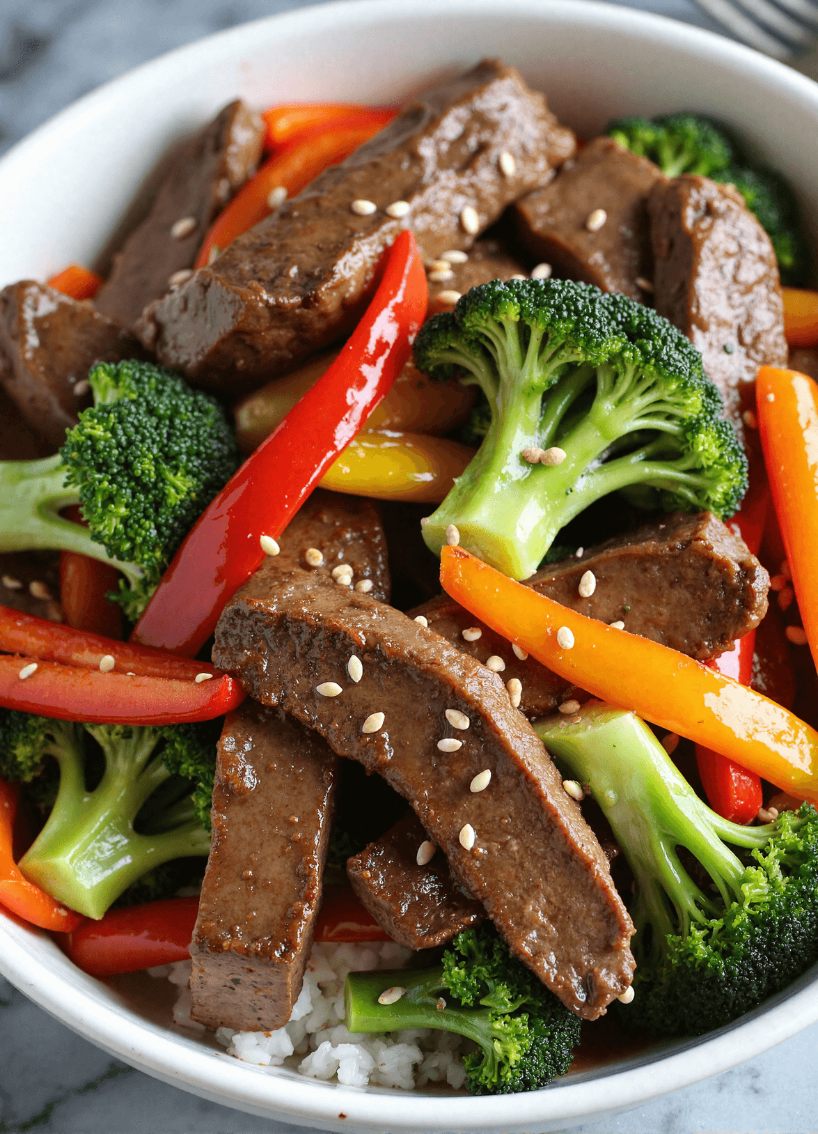 Sliced beef stir-fry with broccoli, red and yellow peppers, served over white rice and topped with sesame seeds.