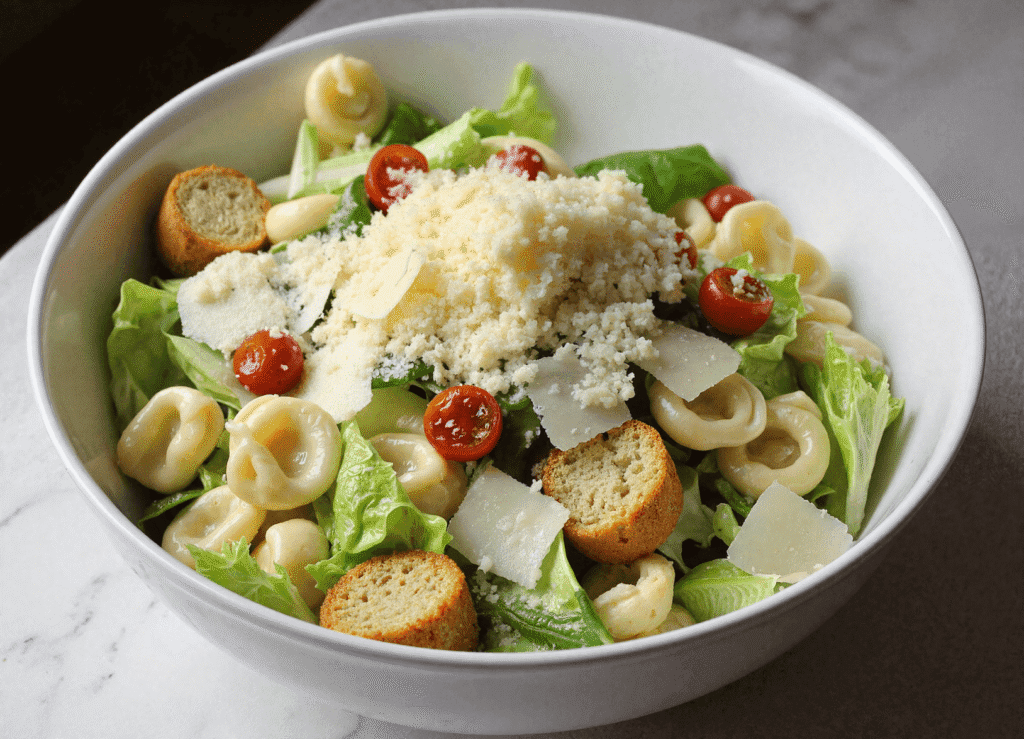 Cold Caesar pasta salad in a white bowl with tortellini, romaine lettuce, cherry tomatoes, croutons, and parmesan cheese.