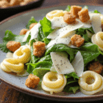 Cheese tortellini Caesar salad served on a ceramic plate with romaine, shaved parmesan, and croutons.