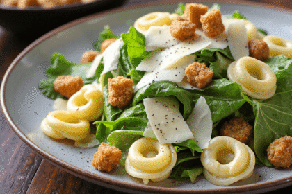 Cheese tortellini Caesar salad served on a ceramic plate with romaine, shaved parmesan, and croutons.