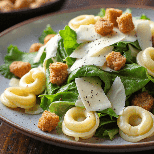 Cheese tortellini Caesar salad served on a ceramic plate with romaine, shaved parmesan, and croutons.
