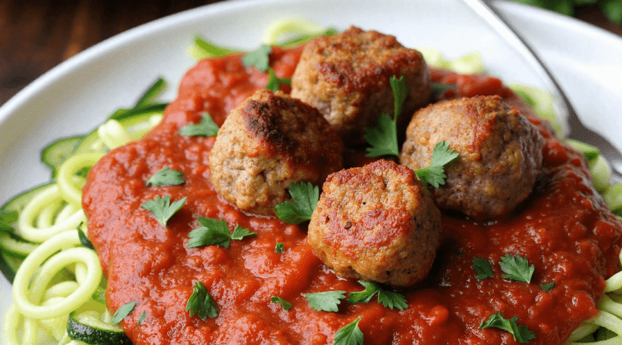 Baked turkey meatballs served over spiralized zucchini noodles and marinara sauce, garnished with parsley.