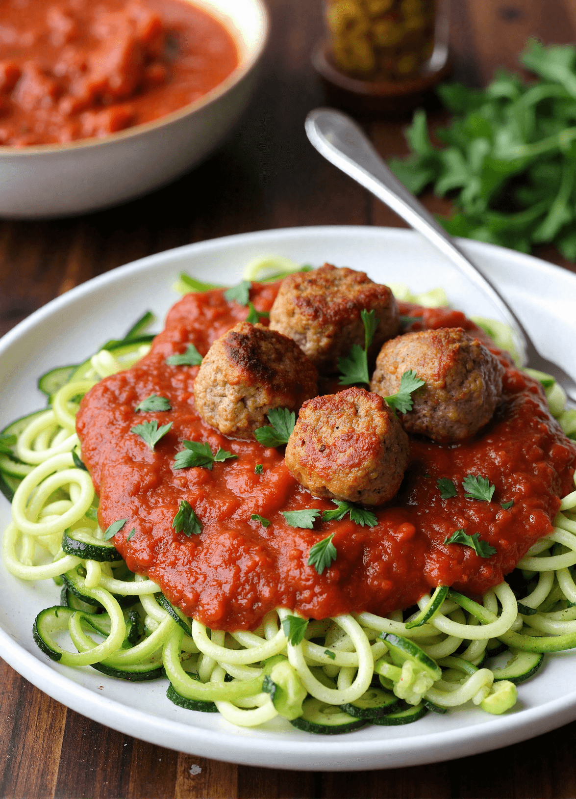 Baked turkey meatballs served over spiralized zucchini noodles and marinara sauce, garnished with parsley.