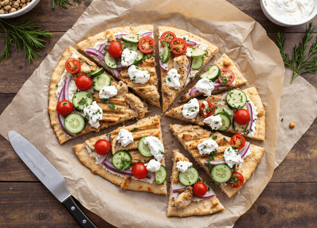 Sliced flatbread pizza with grilled chicken, cucumber, cherry tomatoes, red onion, and tzatziki on parchment.