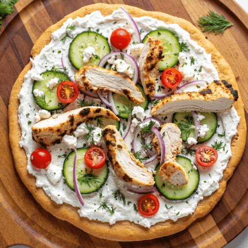 Whole flatbread pizza topped with tzatziki sauce, grilled chicken, cucumbers, tomatoes, red onion, and fresh herbs.