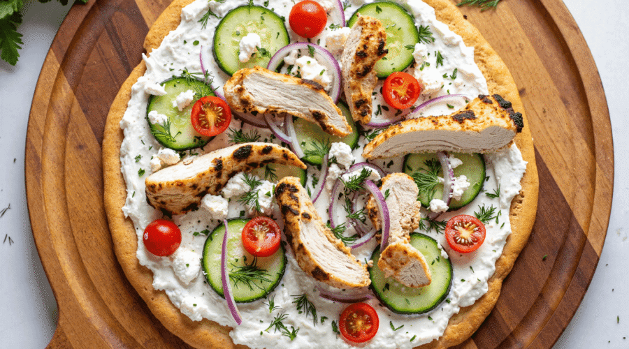 Whole flatbread pizza topped with tzatziki sauce, grilled chicken, cucumbers, tomatoes, red onion, and fresh herbs.