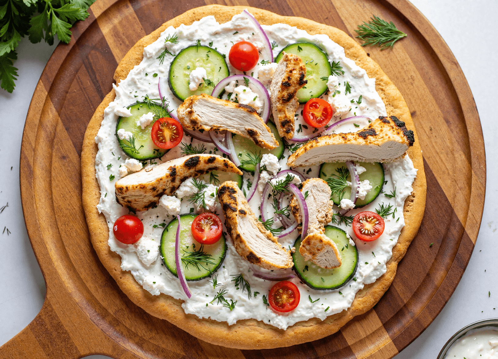 Whole flatbread pizza topped with tzatziki sauce, grilled chicken, cucumbers, tomatoes, red onion, and fresh herbs.
