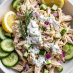 Bowl of creamy tzatziki chicken salad with cucumbers, red onion, dill, and lemon slices.