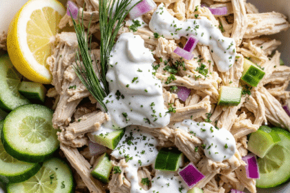 Bowl of creamy tzatziki chicken salad with cucumbers, red onion, dill, and lemon slices.