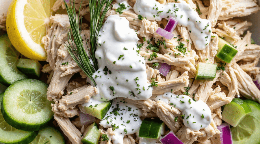 Bowl of creamy tzatziki chicken salad with cucumbers, red onion, dill, and lemon slices.