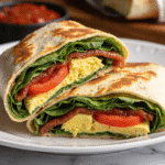 Sliced BLT breakfast burrito showing layers of scrambled eggs, lettuce, tomato, and crispy bacon wrapped in a golden-brown tortilla.