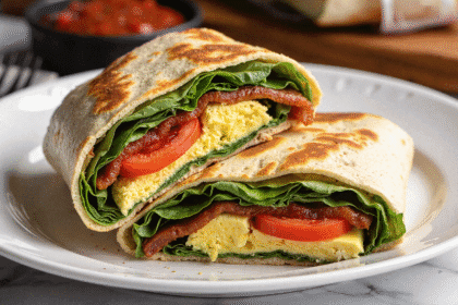 Sliced BLT breakfast burrito showing layers of scrambled eggs, lettuce, tomato, and crispy bacon wrapped in a golden-brown tortilla.