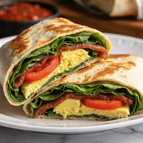 Sliced BLT breakfast burrito showing layers of scrambled eggs, lettuce, tomato, and crispy bacon wrapped in a golden-brown tortilla.