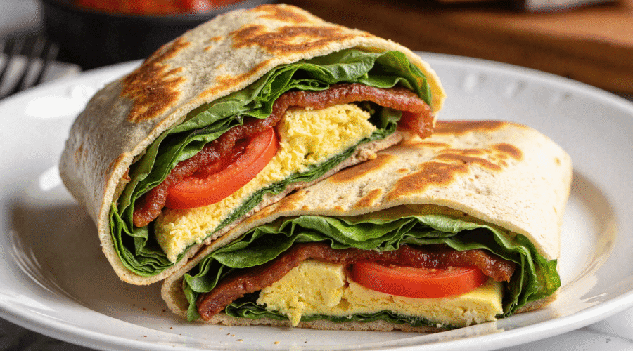 Sliced BLT breakfast burrito showing layers of scrambled eggs, lettuce, tomato, and crispy bacon wrapped in a golden-brown tortilla.