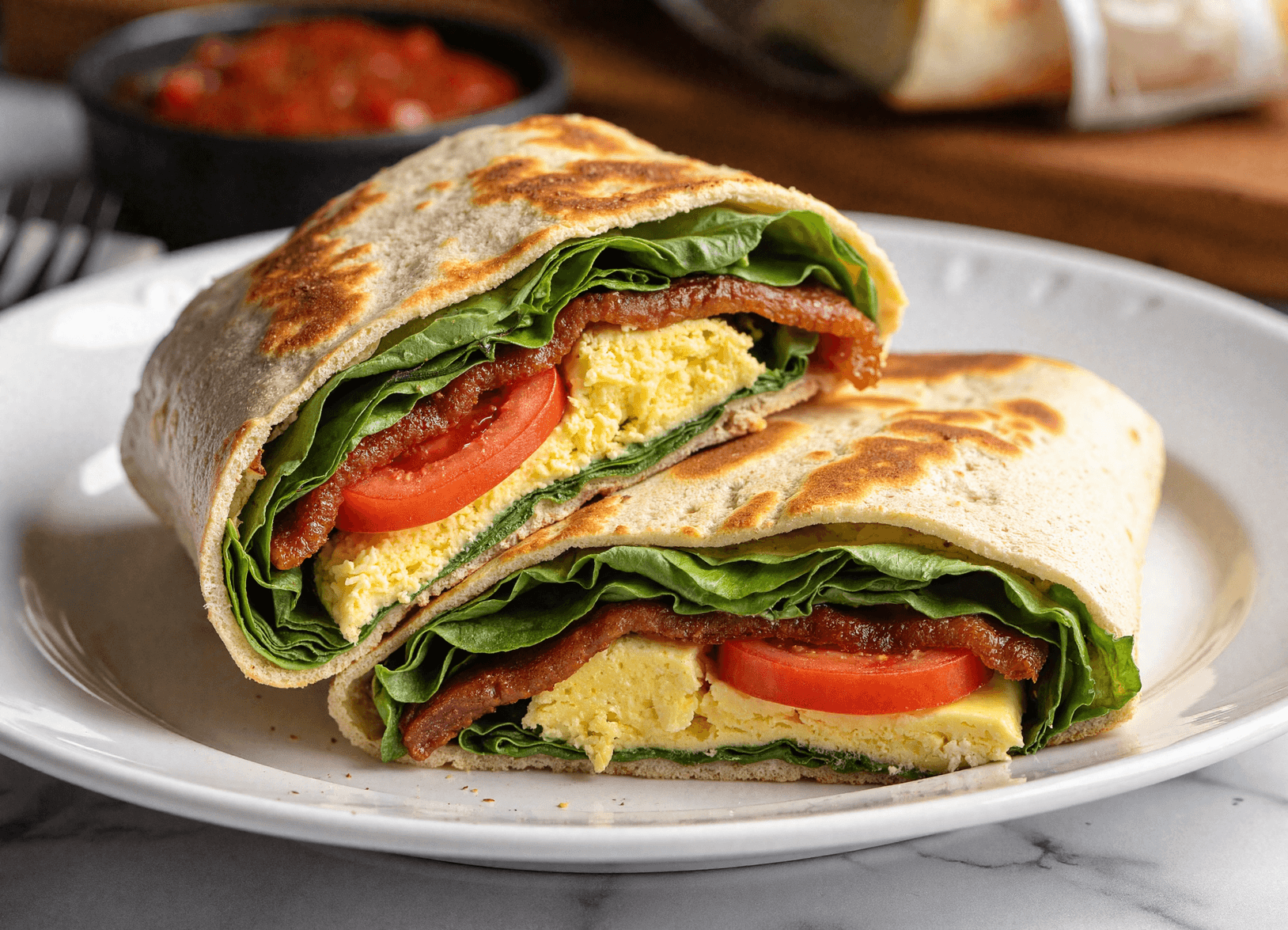 Sliced BLT breakfast burrito showing layers of scrambled eggs, lettuce, tomato, and crispy bacon wrapped in a golden-brown tortilla.