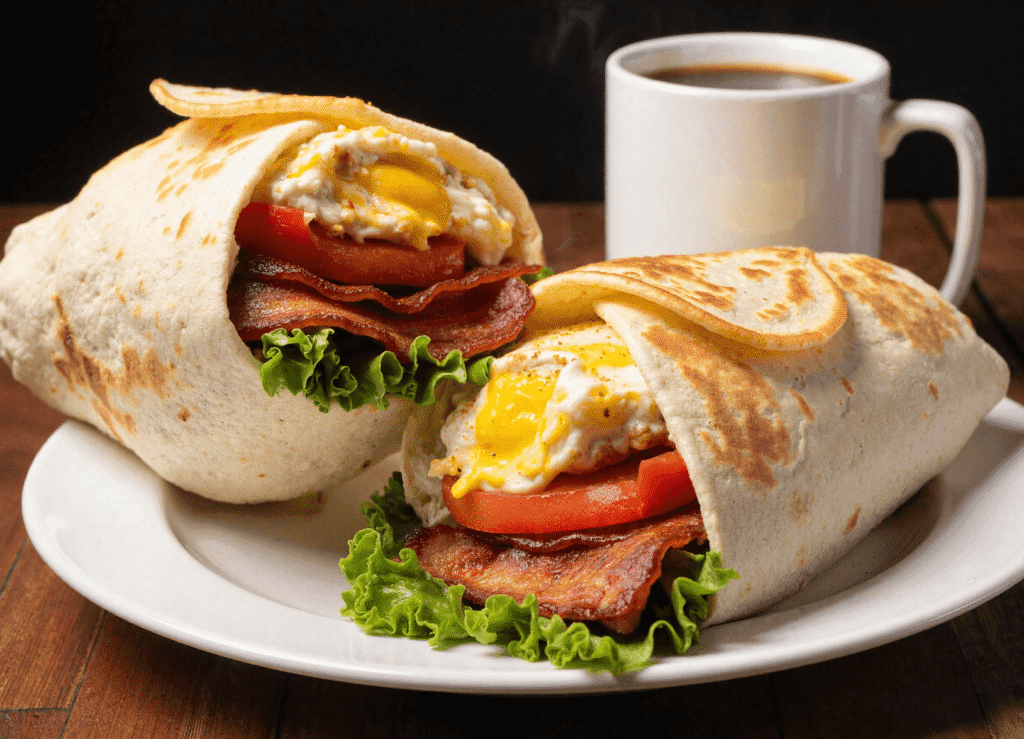 Close-up of a BLT breakfast burrito with crispy bacon, fried eggs, fresh lettuce, and tomato wrapped in a toasted flour tortilla, served with a cup of black coffee.