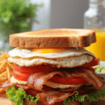A stacked BLT breakfast sandwich with crispy bacon, sunny-side-up egg, tomato slices, and fresh lettuce on toasted whole grain bread