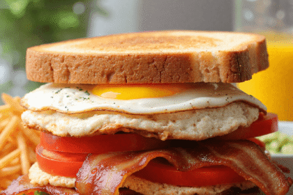 A stacked BLT breakfast sandwich with crispy bacon, sunny-side-up egg, tomato slices, and fresh lettuce on toasted whole grain bread