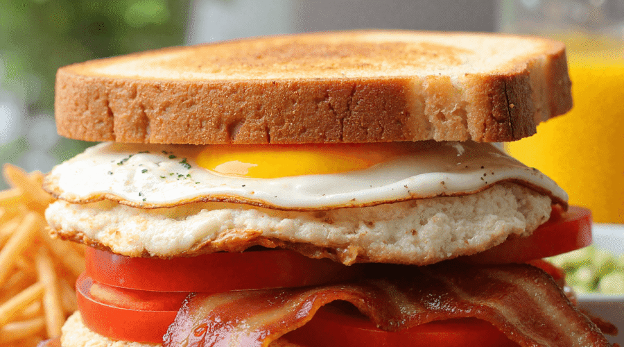 A stacked BLT breakfast sandwich with crispy bacon, sunny-side-up egg, tomato slices, and fresh lettuce on toasted whole grain bread