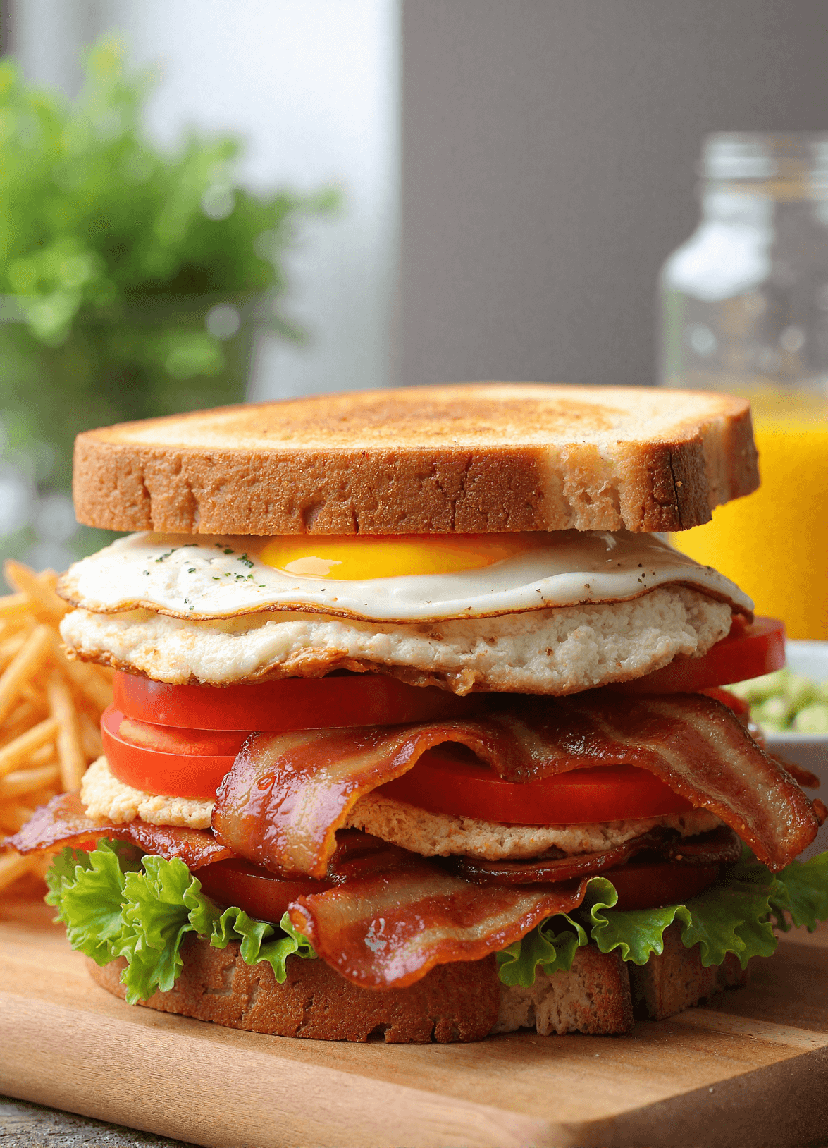 A stacked BLT breakfast sandwich with crispy bacon, sunny-side-up egg, tomato slices, and fresh lettuce on toasted whole grain bread