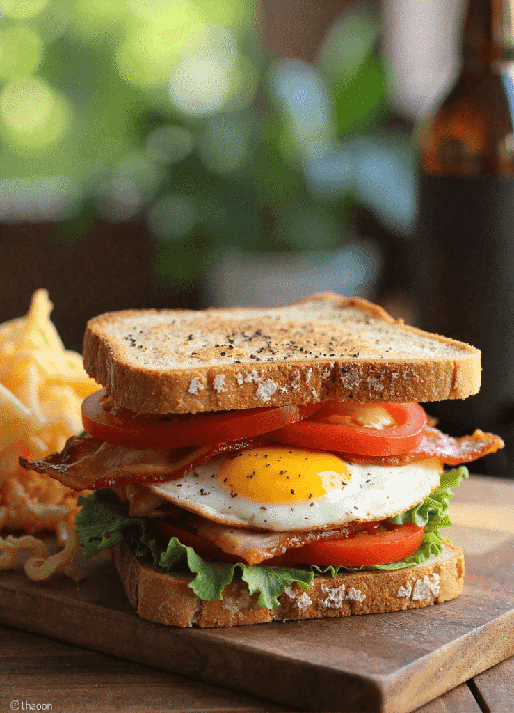 Thick BLT sandwich with egg, bacon, lettuce, and tomato on toasted bread served with crispy fries and orange juice