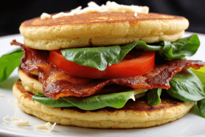 Layered BLT protein pancake sandwich filled with bacon, cheddar cheese, spinach, and tomatoes on a white plate.