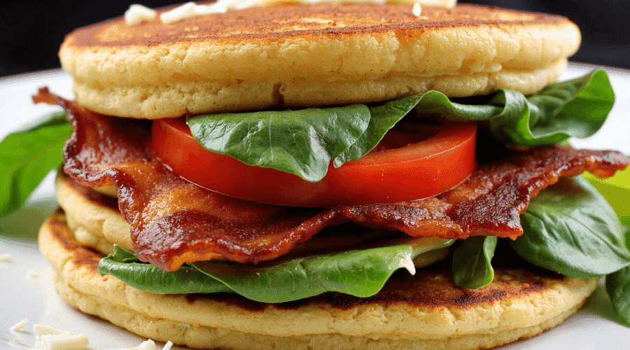 Layered BLT protein pancake sandwich filled with bacon, cheddar cheese, spinach, and tomatoes on a white plate.