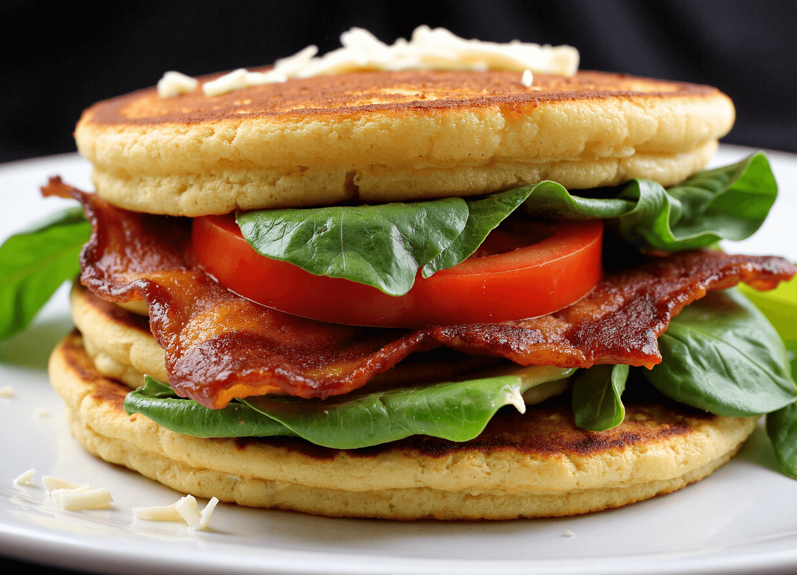 Layered BLT protein pancake sandwich filled with bacon, cheddar cheese, spinach, and tomatoes on a white plate.