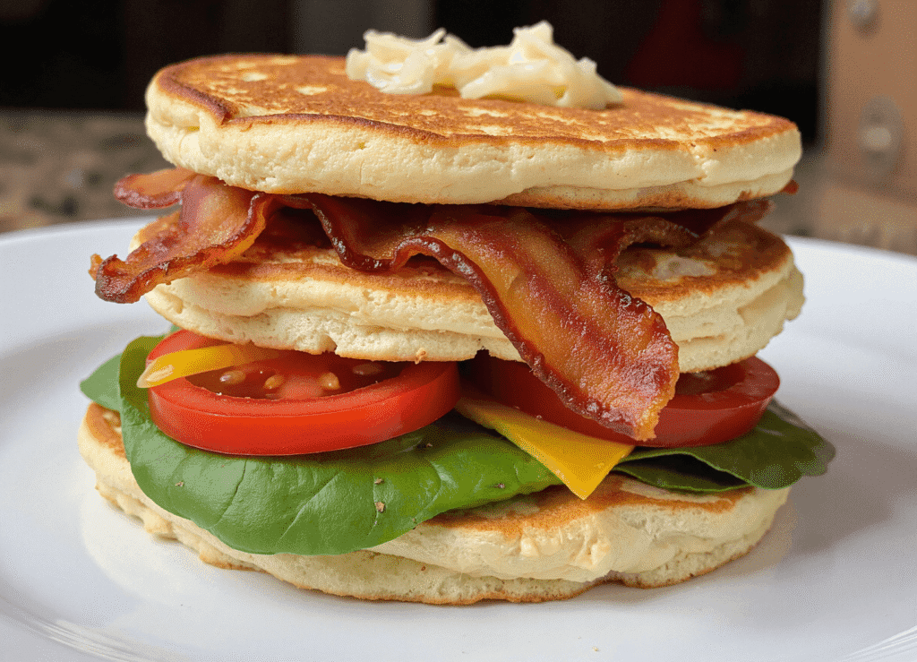 Stacked BLT protein pancakes layered with crispy bacon, fresh tomato slices, and spinach on a white plate.