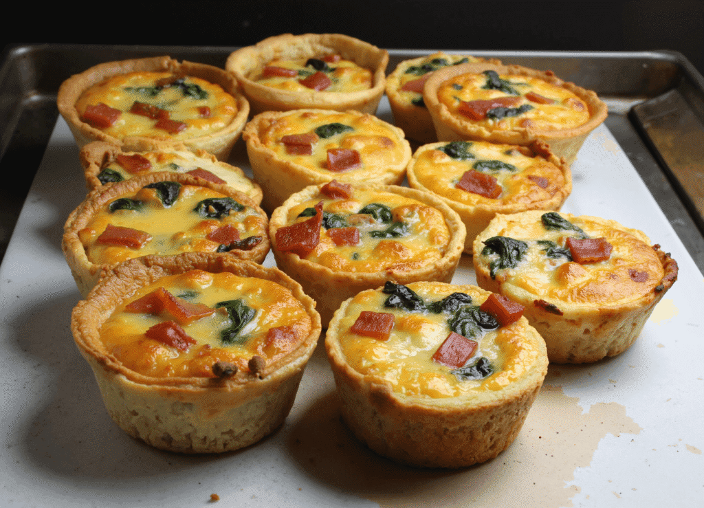 A tray of multiple BLT quiche cups with spinach and bacon, freshly baked and ready to serve.