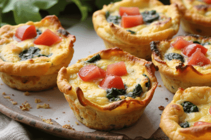 Close-up of freshly baked BLT quiche cups with spinach, tomato, and golden crust on parchment.