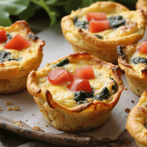 Close-up of freshly baked BLT quiche cups with spinach, tomato, and golden crust on parchment.