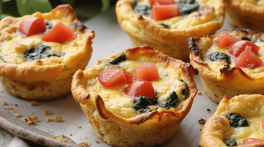 Close-up of freshly baked BLT quiche cups with spinach, tomato, and golden crust on parchment.