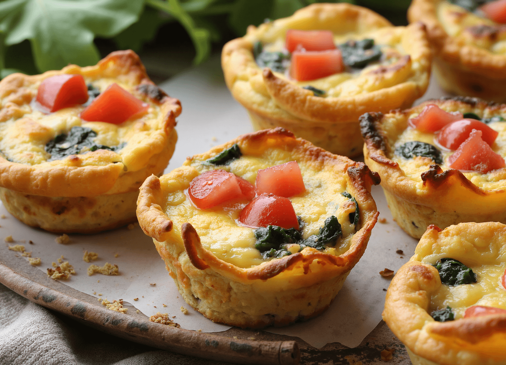 Close-up of freshly baked BLT quiche cups with spinach, tomato, and golden crust on parchment.