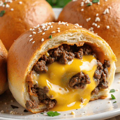 Close-up of baked cheeseburger bomb filled with gooey melted cheese and seasoned ground beef, topped with sesame seeds and parsley.