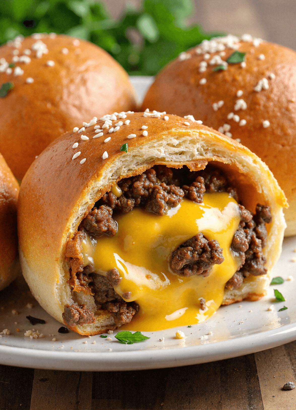 Close-up of baked cheeseburger bomb filled with gooey melted cheese and seasoned ground beef, topped with sesame seeds and parsley.
