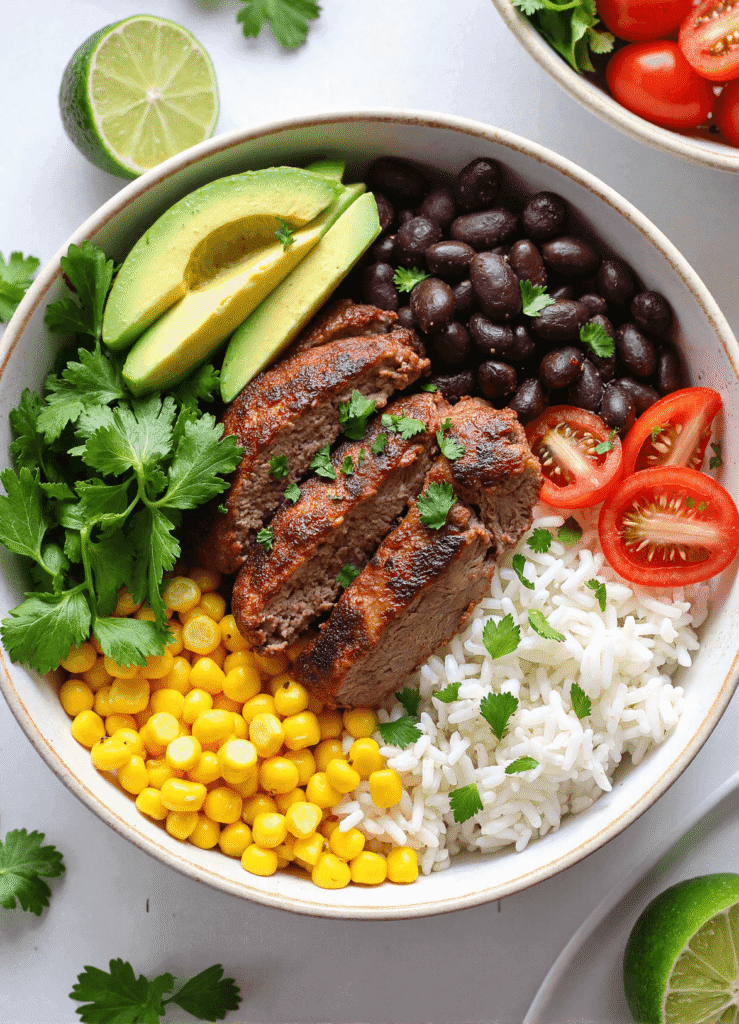 Sliced cilantro lime steak served in a bowl with rice, black beans, corn, avocado, grape tomatoes, and fresh parsley – a vibrant high-protein Tex-Mex meal prep option.