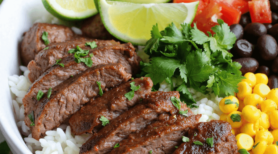 Cilantro lime steak bowl featuring sliced steak over rice with lime wedges, corn, black beans, diced tomato, and fresh cilantro for an easy Tex-Mex meal prep dish.
