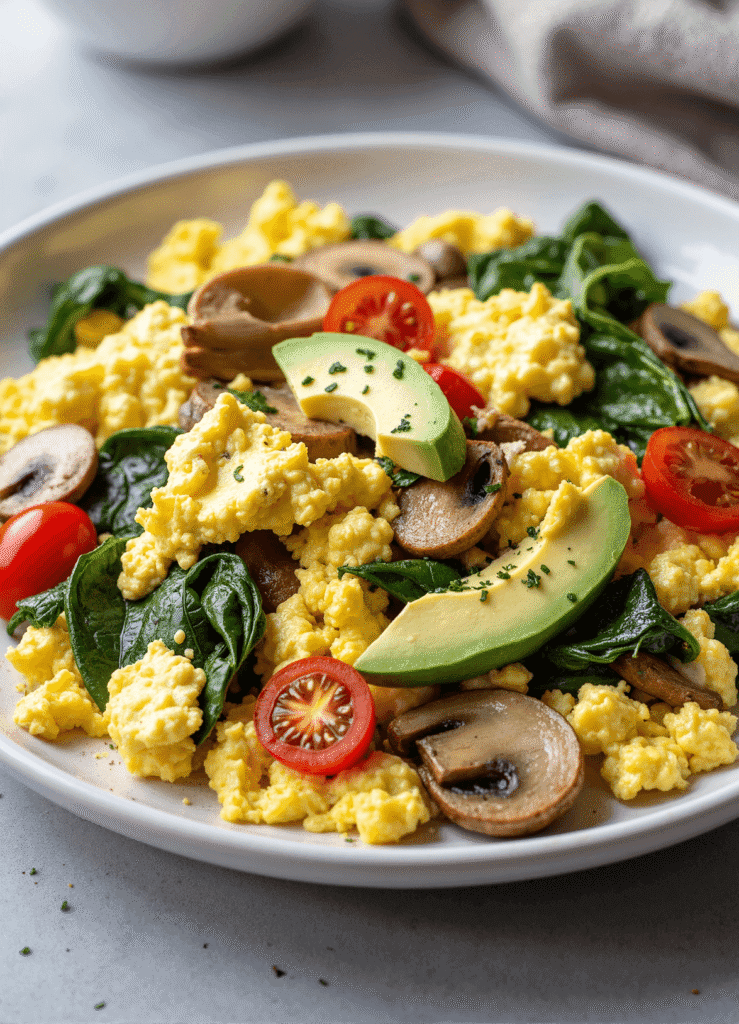 Scrambled egg white breakfast plate with sautéed spinach, mushrooms, cherry tomatoes, and sliced avocado on a white round plate.