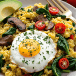 A vibrant egg white veggie scramble topped with a sunny-side-up egg, sautéed mushrooms, cherry tomatoes, fresh spinach, and creamy avocado slices on a white ceramic plate.