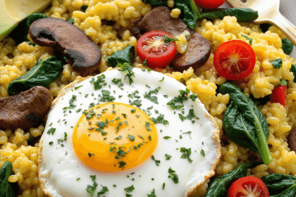 A vibrant egg white veggie scramble topped with a sunny-side-up egg, sautéed mushrooms, cherry tomatoes, fresh spinach, and creamy avocado slices on a white ceramic plate.