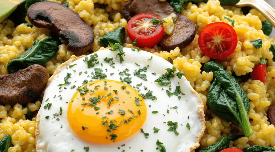 A vibrant egg white veggie scramble topped with a sunny-side-up egg, sautéed mushrooms, cherry tomatoes, fresh spinach, and creamy avocado slices on a white ceramic plate.