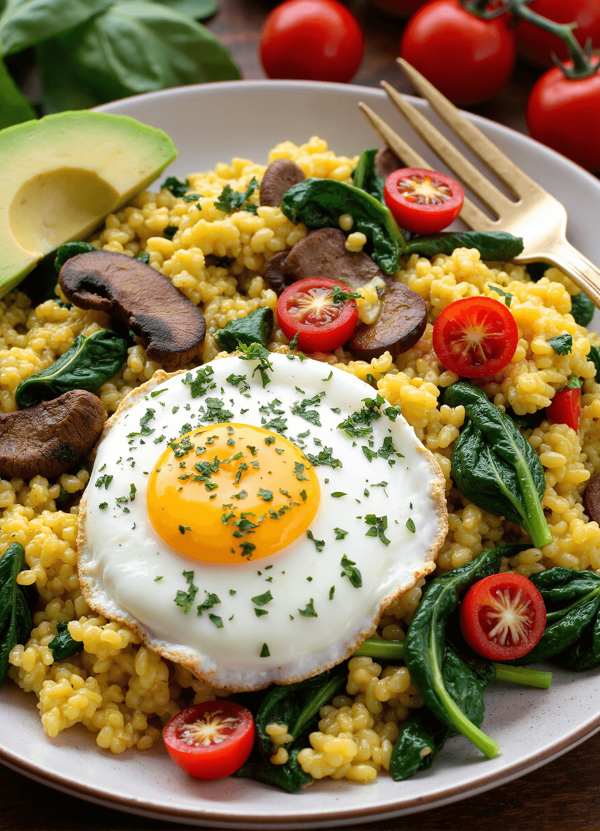 A vibrant egg white veggie scramble topped with a sunny-side-up egg, sautéed mushrooms, cherry tomatoes, fresh spinach, and creamy avocado slices on a white ceramic plate.