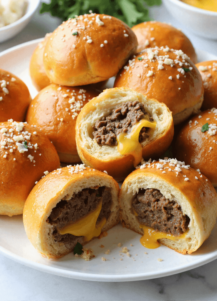 Golden brown garlic parmesan cheeseburger bombs with cheesy beef filling, sliced open to reveal melted cheddar and juicy ground beef.