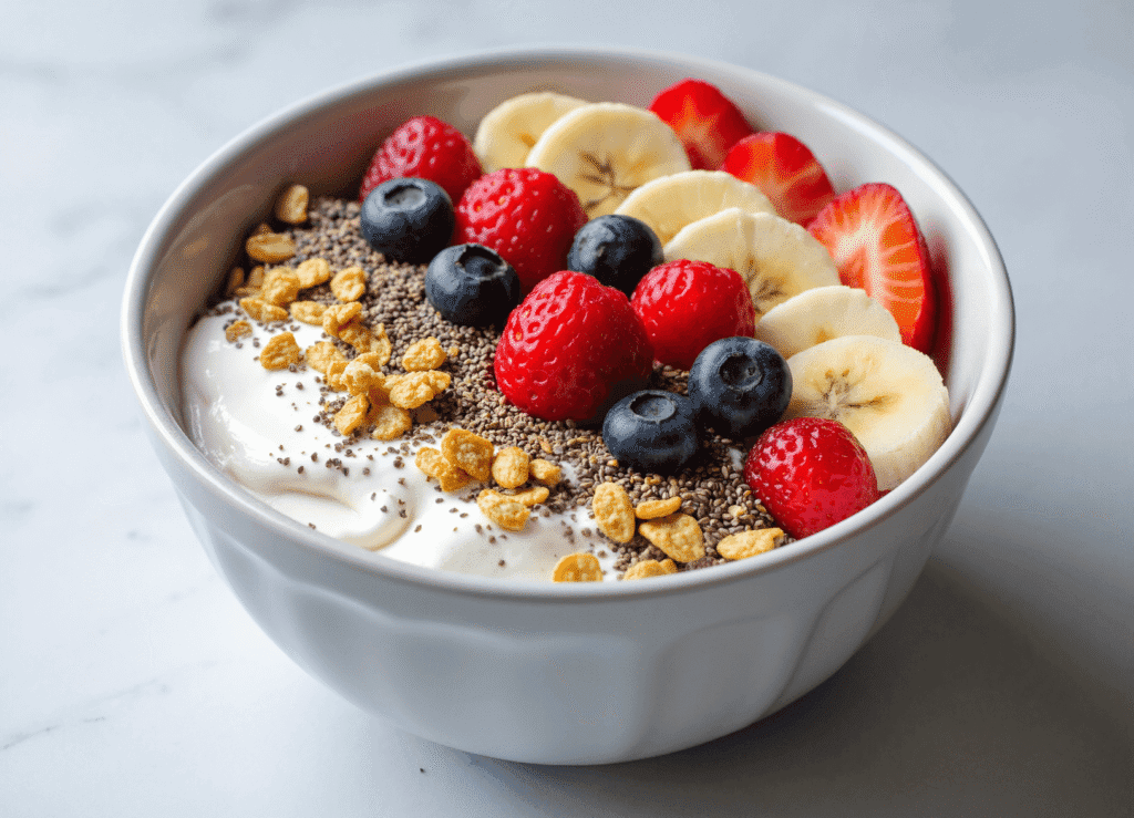 Greek yogurt breakfast bowl topped with strawberries, blueberries, bananas, chia seeds, and crunchy cereal clusters.