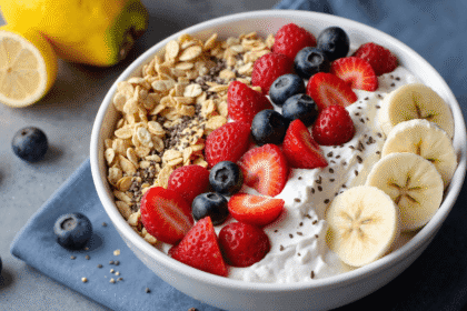 Breakfast bowl with Greek yogurt, banana, blueberries, strawberries, granola, and chia seeds served on a gray surface with fresh lemons.