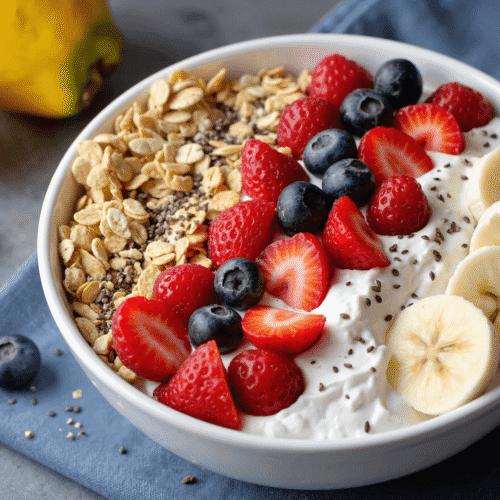 Breakfast bowl with Greek yogurt, banana, blueberries, strawberries, granola, and chia seeds served on a gray surface with fresh lemons.