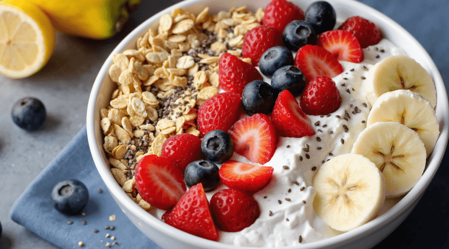 Breakfast bowl with Greek yogurt, banana, blueberries, strawberries, granola, and chia seeds served on a gray surface with fresh lemons.