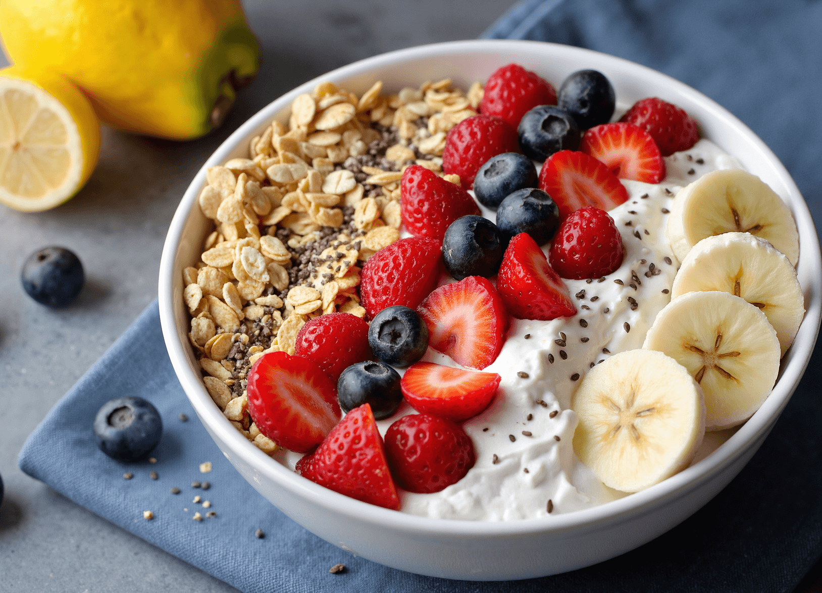 Breakfast bowl with Greek yogurt, banana, blueberries, strawberries, granola, and chia seeds served on a gray surface with fresh lemons.